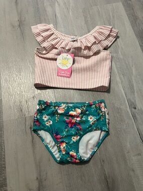 NWT Ruffle Butts Pink Ruffle Tankini Top with Teal Floral Bottom